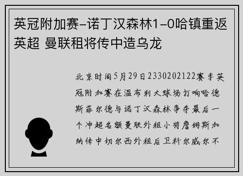 英冠附加赛-诺丁汉森林1-0哈镇重返英超 曼联租将传中造乌龙