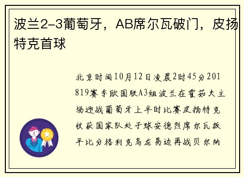 波兰2-3葡萄牙，AB席尔瓦破门，皮扬特克首球